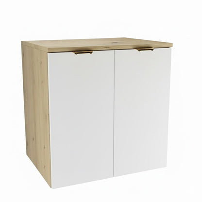 Waschtischunterschrank Orio 60 cm in Weiß und Eiche Artisan mit zwei Türen und Soft-Close-System