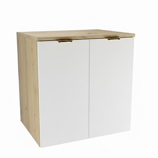 Waschtischunterschrank Orio 60 cm in Weiß und Eiche Artisan mit zwei Türen und Soft-Close-System