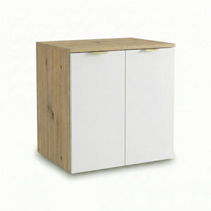Waschtischunterschrank Orio 60 cm in Weiß/Eiche Artisan – wandhängender Unterschrank mit 2 Türen, Soft-Close-System, integrierten Einlegeböden, mattierte Fronten und goldene Metallgriffe, ideal für kleine und mittelgroße moderne Badezimmer.