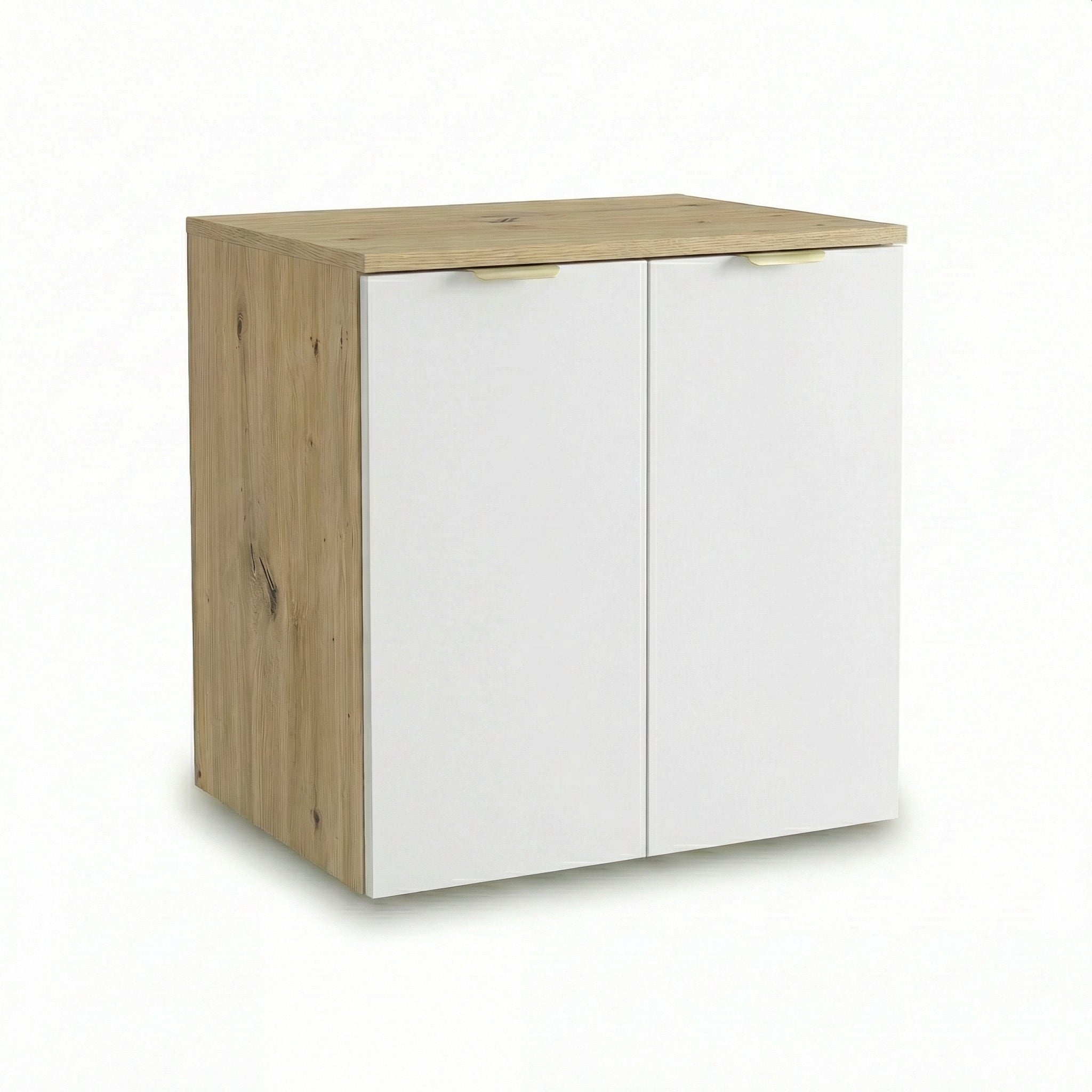 Waschtischunterschrank Orio 60 cm in Weiß/Eiche Artisan – wandhängender Unterschrank mit 2 Türen, Soft-Close-System, integrierten Einlegeböden, mattierte Fronten und goldene Metallgriffe, ideal für kleine und mittelgroße moderne Badezimmer.