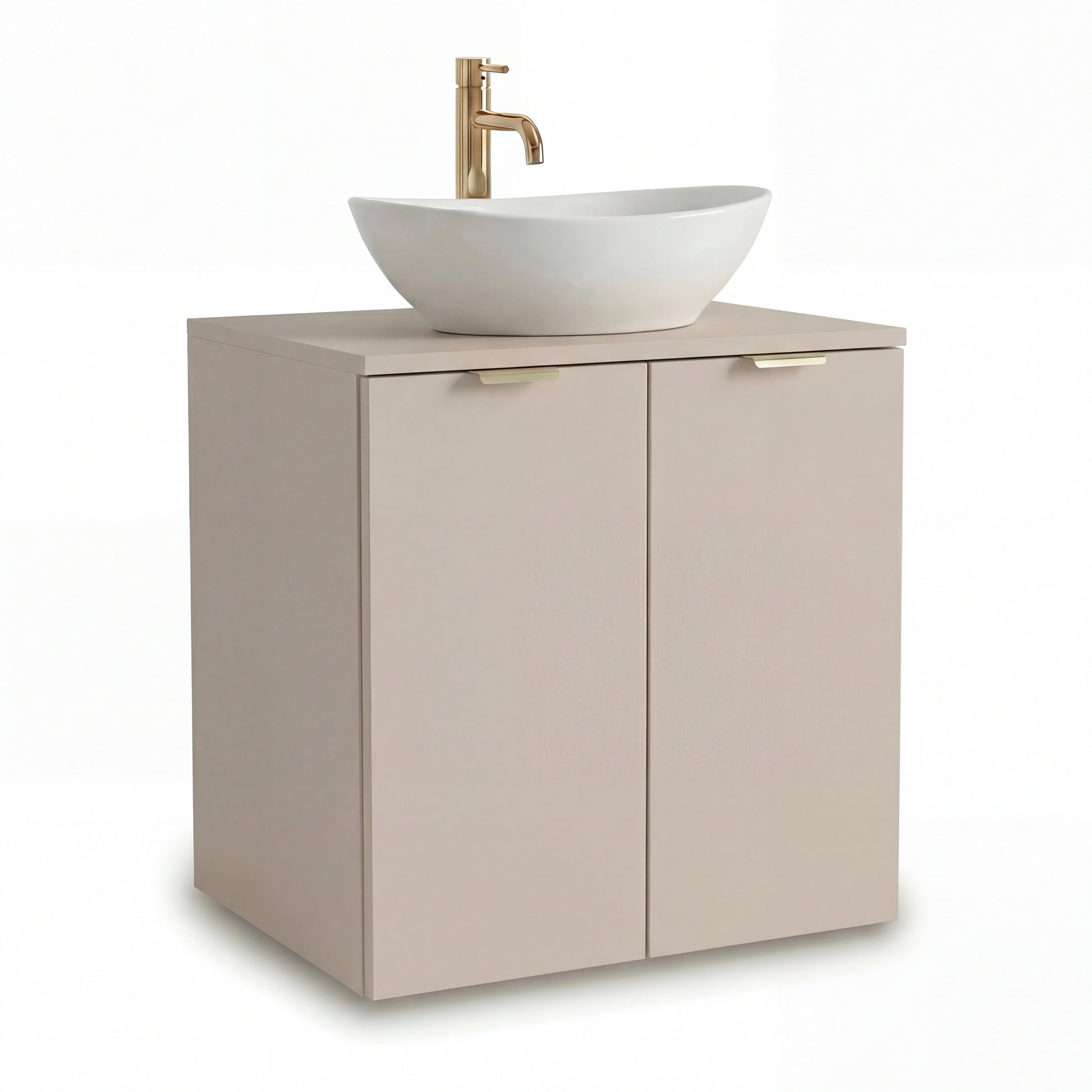 Wandhängender Waschbeckenunterschrank Orio 60 cm mit 2 Türen, Keramikwaschbecken Sofia in Weiß, optionale goldfarbene Aufsatzarmatur, modernes Design für kleine und mittlere Badezimmer.