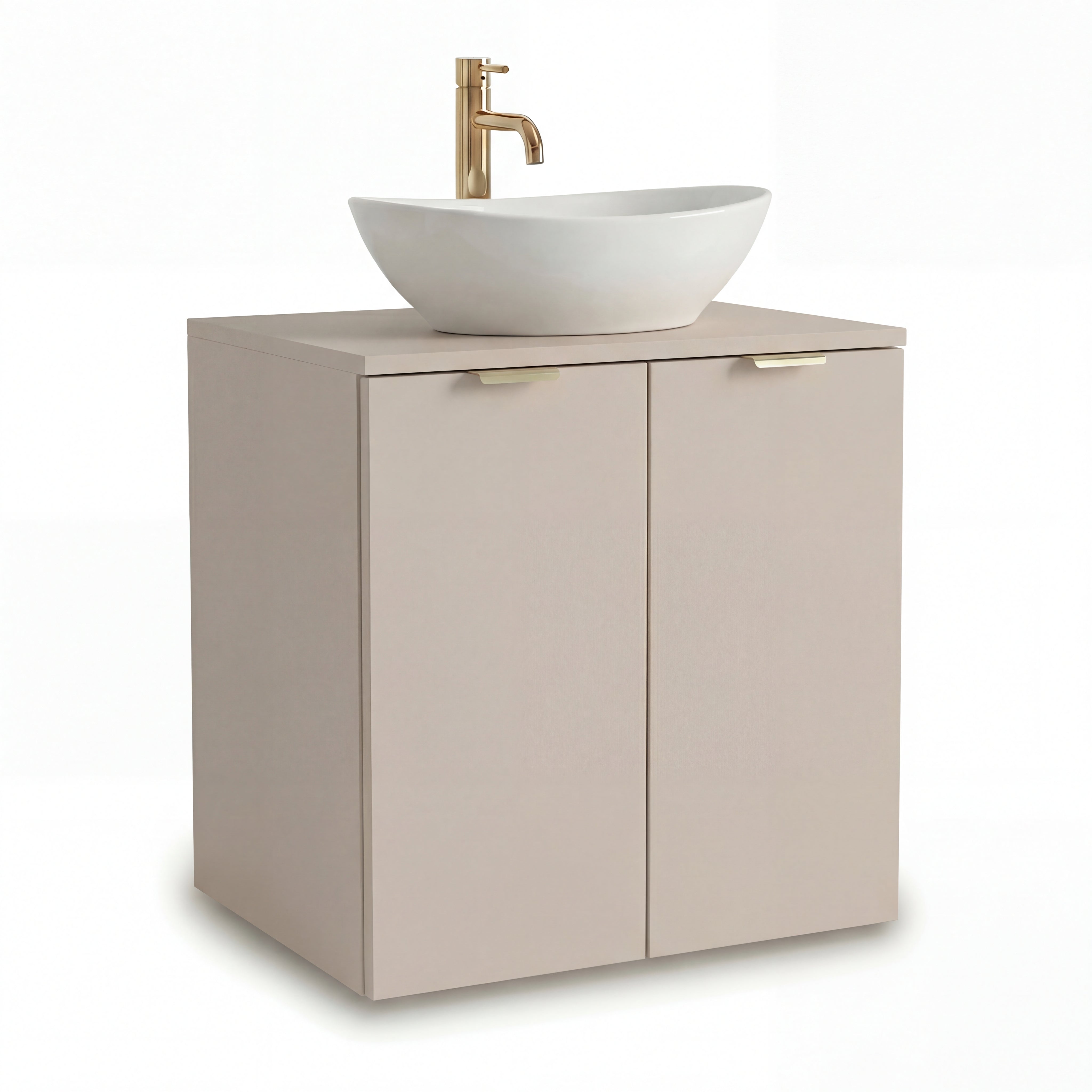 Wandhängender Waschbeckenunterschrank Orio 60 cm mit 2 Türen, Keramikwaschbecken Sofia in Weiß, optionale goldfarbene Aufsatzarmatur, modernes Design für kleine und mittlere Badezimmer.