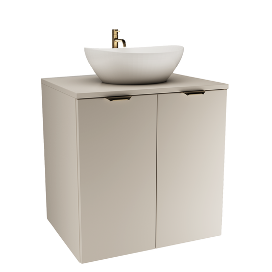 Wandhängender Waschbeckenunterschrank Orio 60 cm mit 2 Türen und weißem Keramikwaschbecken Sofia; optional mit gebürsteter Goldarmatur im modernen Design.