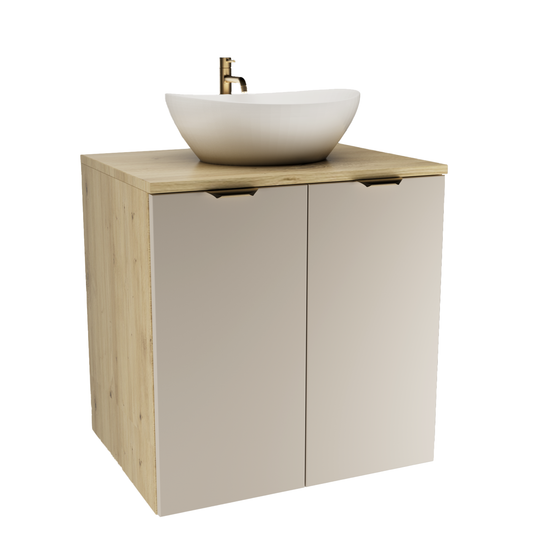 Wandhängender Orio Waschbeckenunterschrank 60 cm mit Korpus Eiche Artisan, Fronten Kaschmir, 2 Türen und Keramikwaschbecken Sofia in Weiß; optional Goldarmatur.