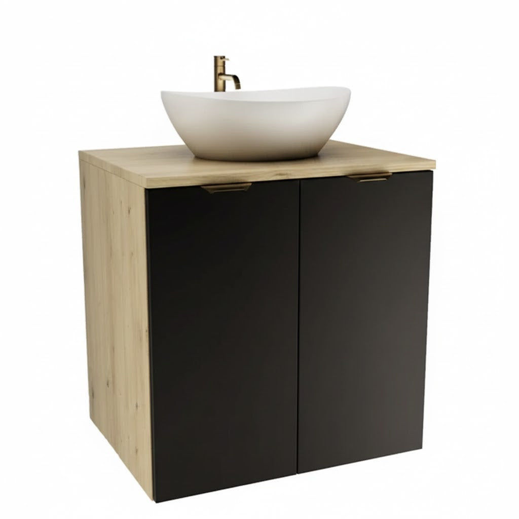 Waschtischunterschrank Orio 60 cm mit Waschbecken Sofia, zwei Türen, schwarzen Fronten und Korpus in Eiche Artisan, modernes Badezimmermöbel.