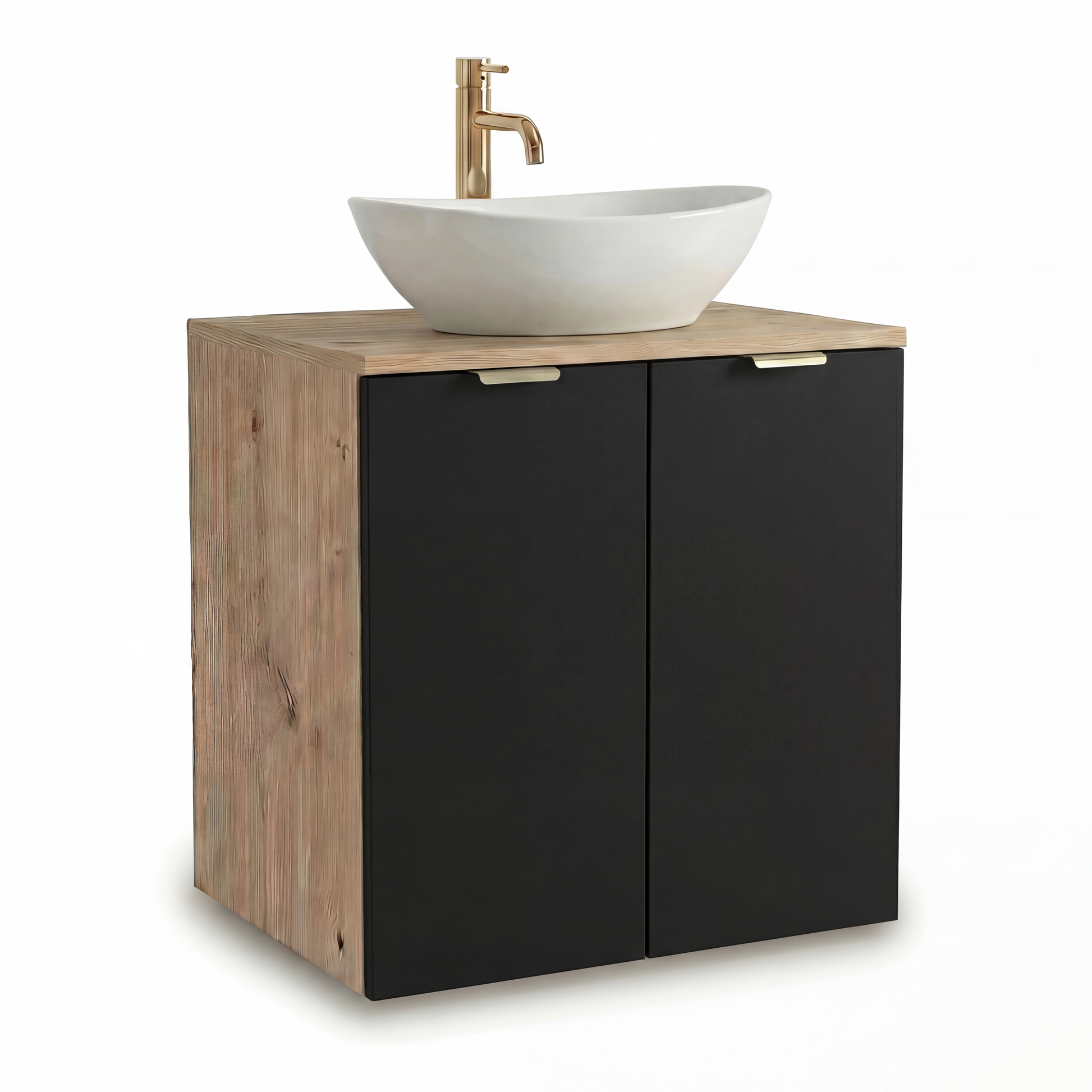Waschtischunterschrank Orio 60 cm in Schwarz/Eiche Artisan – wandhängendes Badmöbel mit 2 Türen, weißes Keramik-Waschbecken Sofia 40 cm, feuchtigkeitsbeständige Laminatoberfläche, moderne, elegante Optik und praktischer Stauraum für kleine bis mittelgroße Badezimmer.