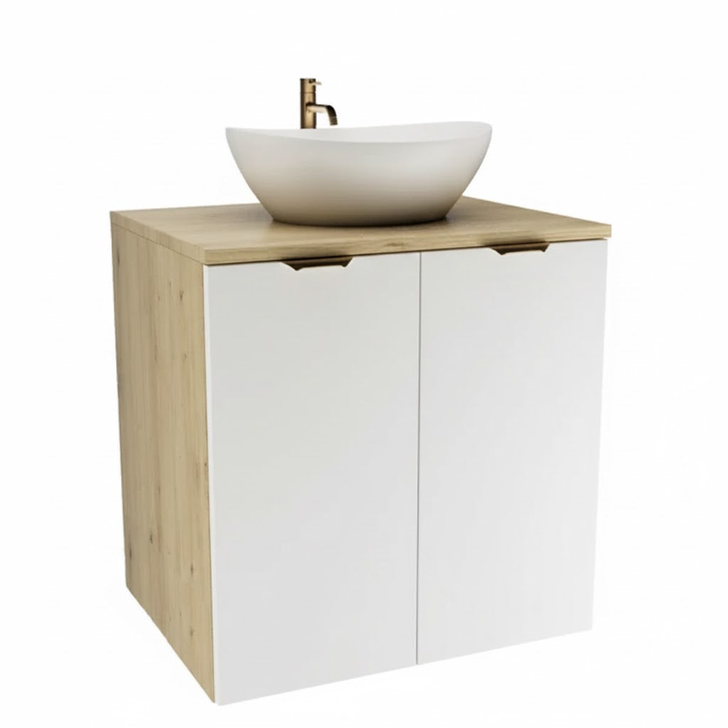 Waschtischunterschrank Orio 60 cm mit Waschbecken Sofia, zwei Türen, weißen Fronten und Korpus in Eiche Artisan, modernes Badezimmermöbel.