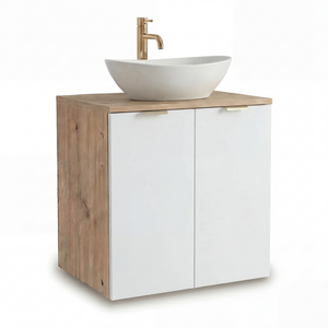 Waschtischunterschrank Orio 60 cm in Weiß/Eiche Artisan – wandhängendes Badmöbel mit 2 Türen, weißes Keramik-Waschbecken Sofia 40 cm, Soft-Close-Funktion, feuchtigkeitsbeständige Laminatoberfläche, elegante Goldgriffe, modernes Design und praktischer Stauraum für kleine bis mittelgroße Badezimmer.