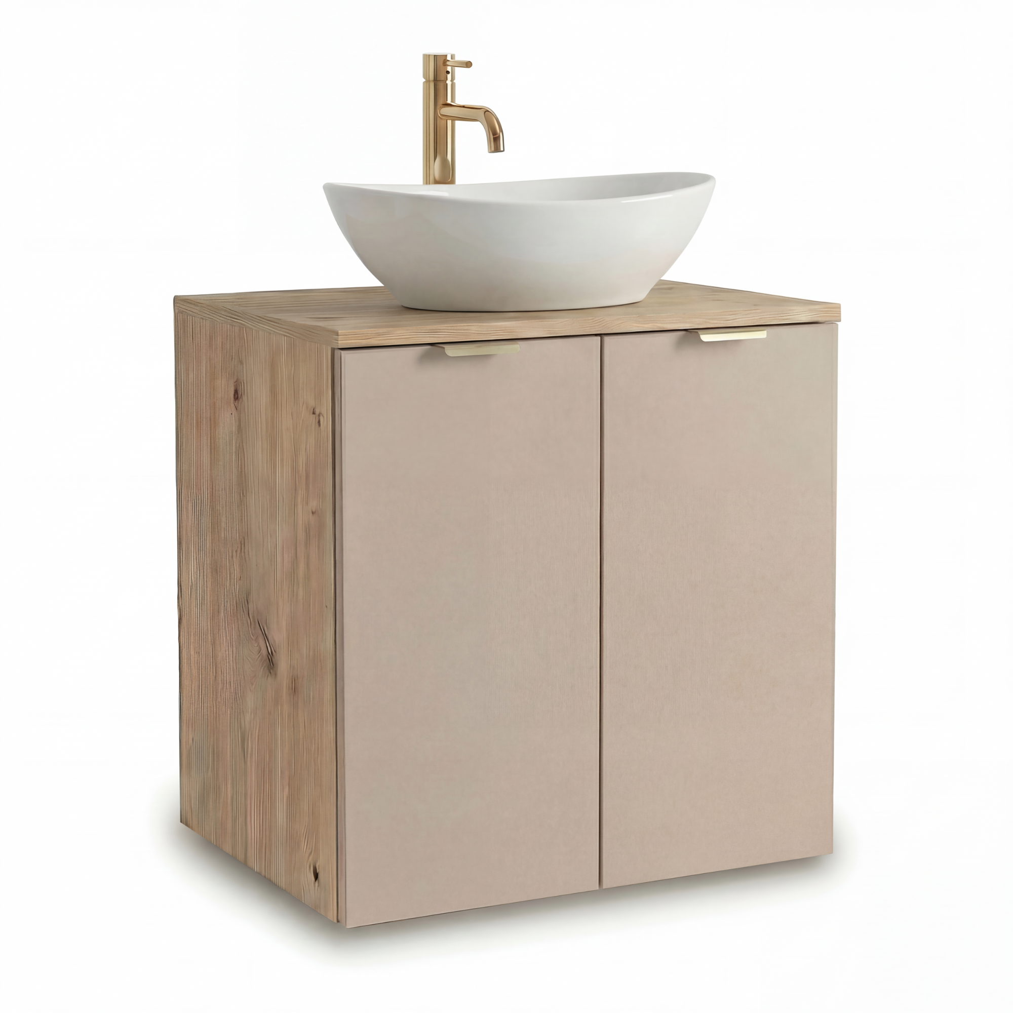 Wandhängender Waschbeckenunterschrank Orio 60 cm mit Korpus in Eiche Artisan, Fronten in Kaschmir, 2 Türen, Keramikwaschbecken Sofia in Weiß, optionale goldfarbene Aufsatzarmatur, modernes zweifarbiges Design für stilbewusste Badezimmer.