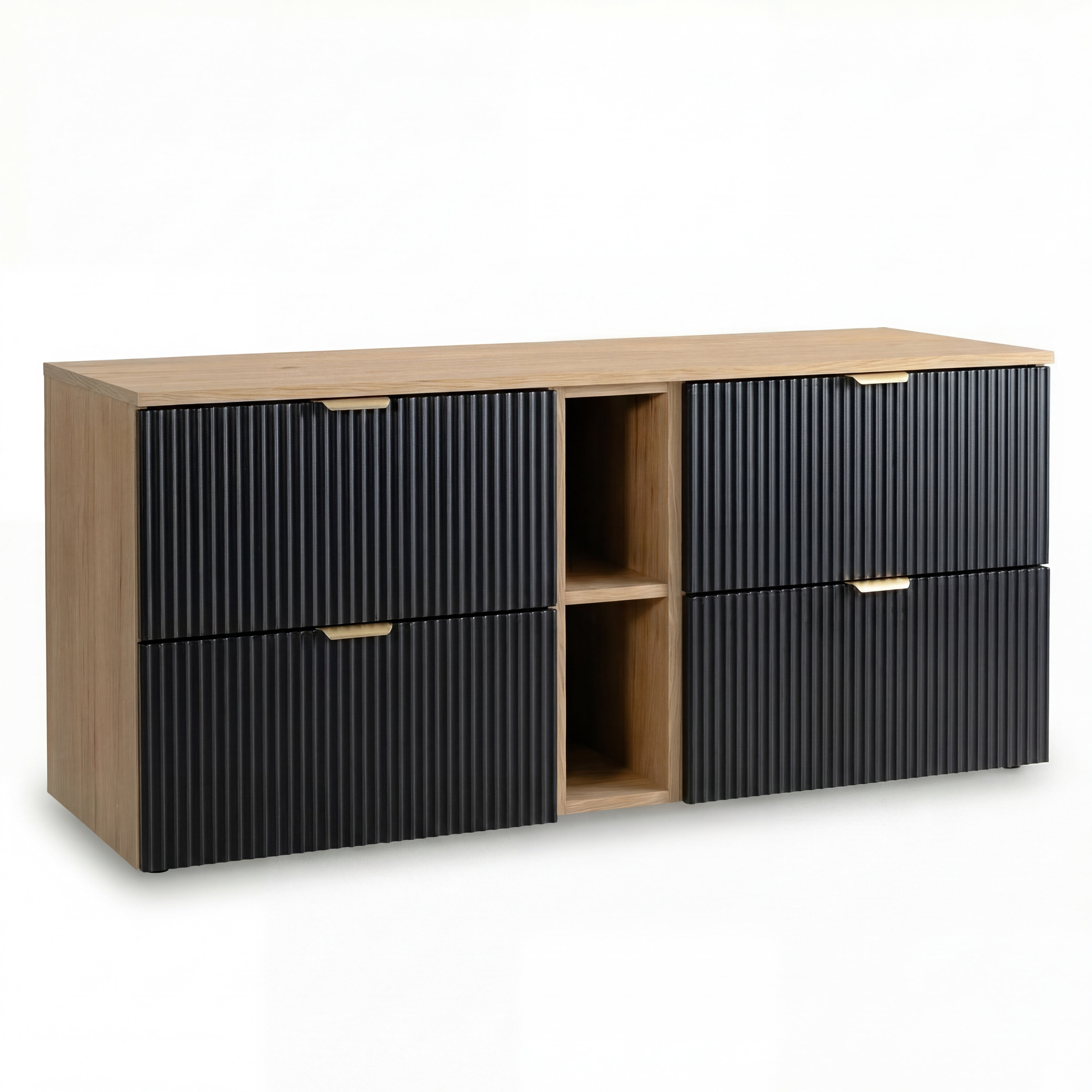 Waschtischunterschrank 140 cm Willy Schwarz/Walnuss mit Regal, 4 Soft-Close-Schubladen, geriffelte Fronten und metallische Griffe – modernes und funktionales Badezimmermöbel.