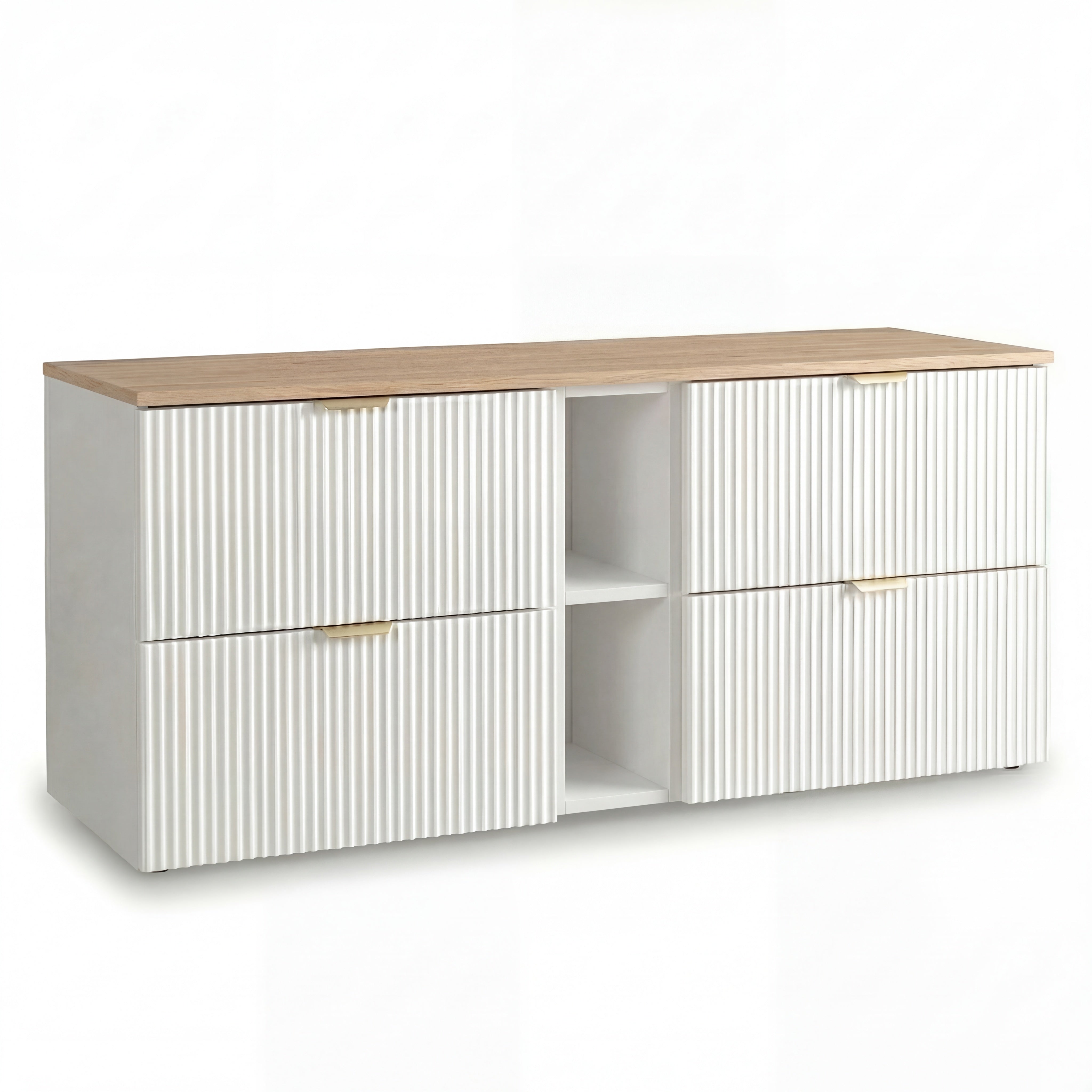 Waschtischunterschrank 140 cm Willy in Weiß mit Walnussplatte, geriffelte Fronten, Soft-Close-Türen und praktischen Regalen für Badezimmer