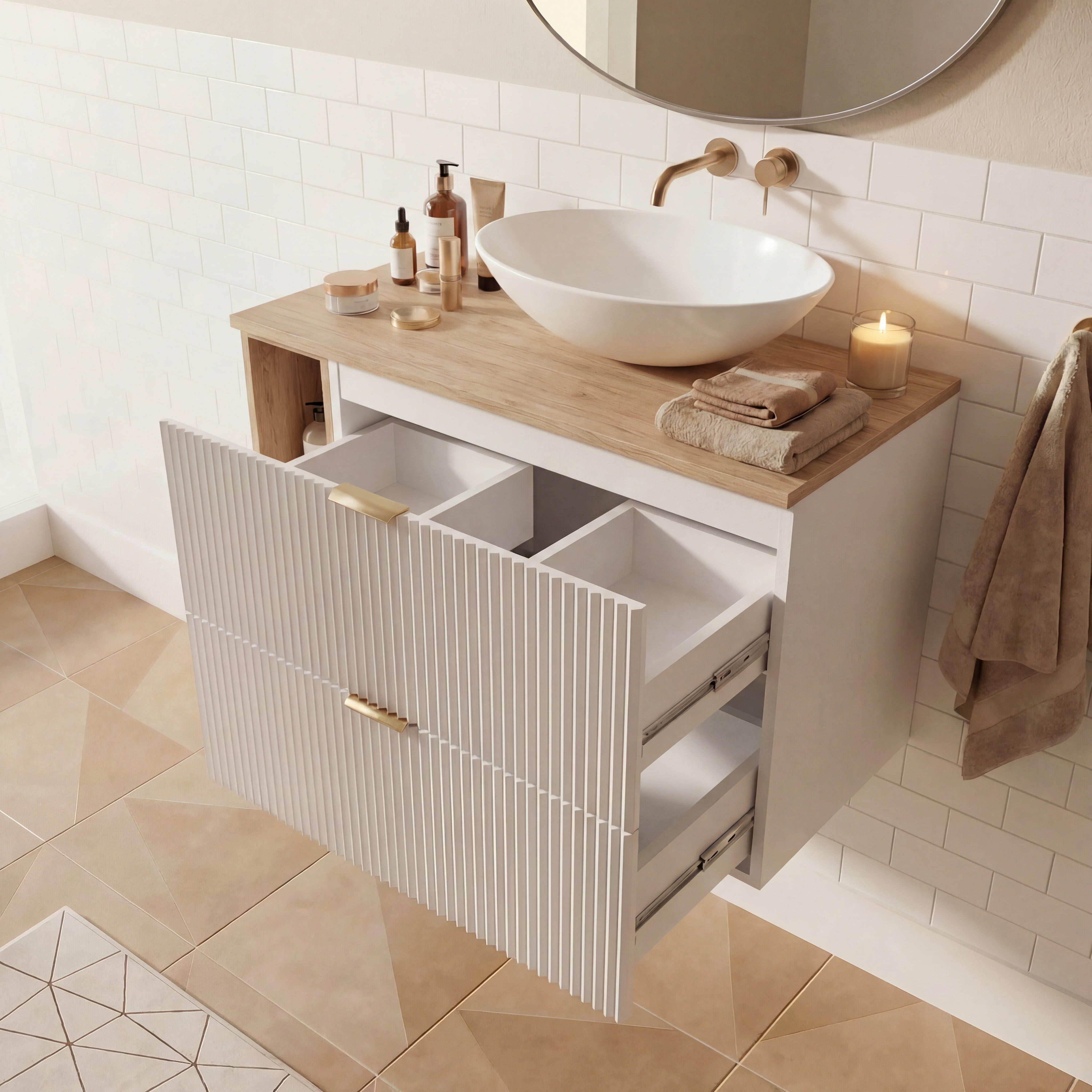 Waschtischunterschrank mit Regal 100 cm mit Regal Willy - Weiß/Walnuss