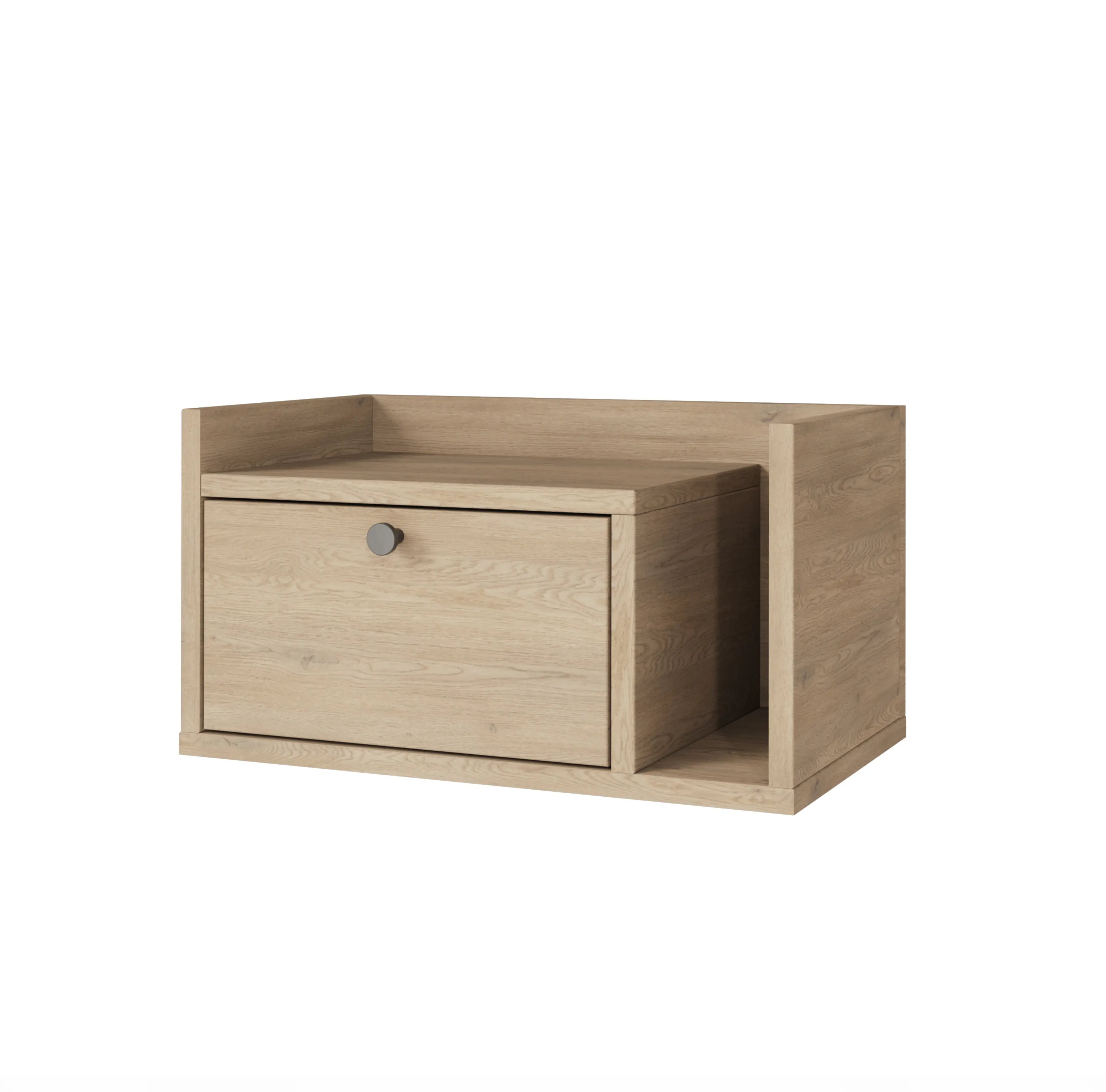 Wandmontierter Nachttisch Aura in Eiche Cremona mit einer Schublade und Ablage rechts, modernem Knaufgriff in Schwarz oder Gold. Ideal für Schlafzimmer.