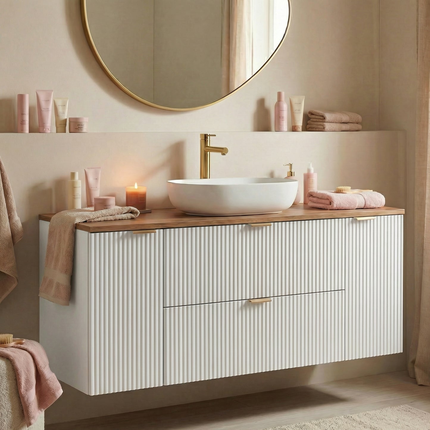 Waschtischunterschrank 140 cm mit 2 Türen und 2 Schubladen Willy - Weiß, Walnussplatte