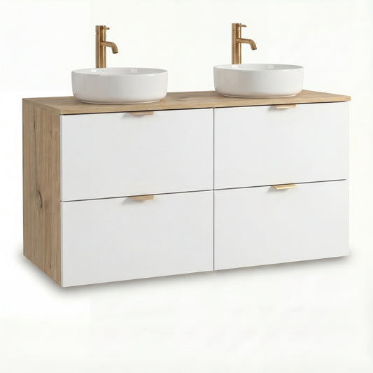 Badmöbel-Set: 120 cm Waschtischunterschrank mit 4 Schubladen und 2 Waschbecken Orio - Weiß/Eiche Artisan