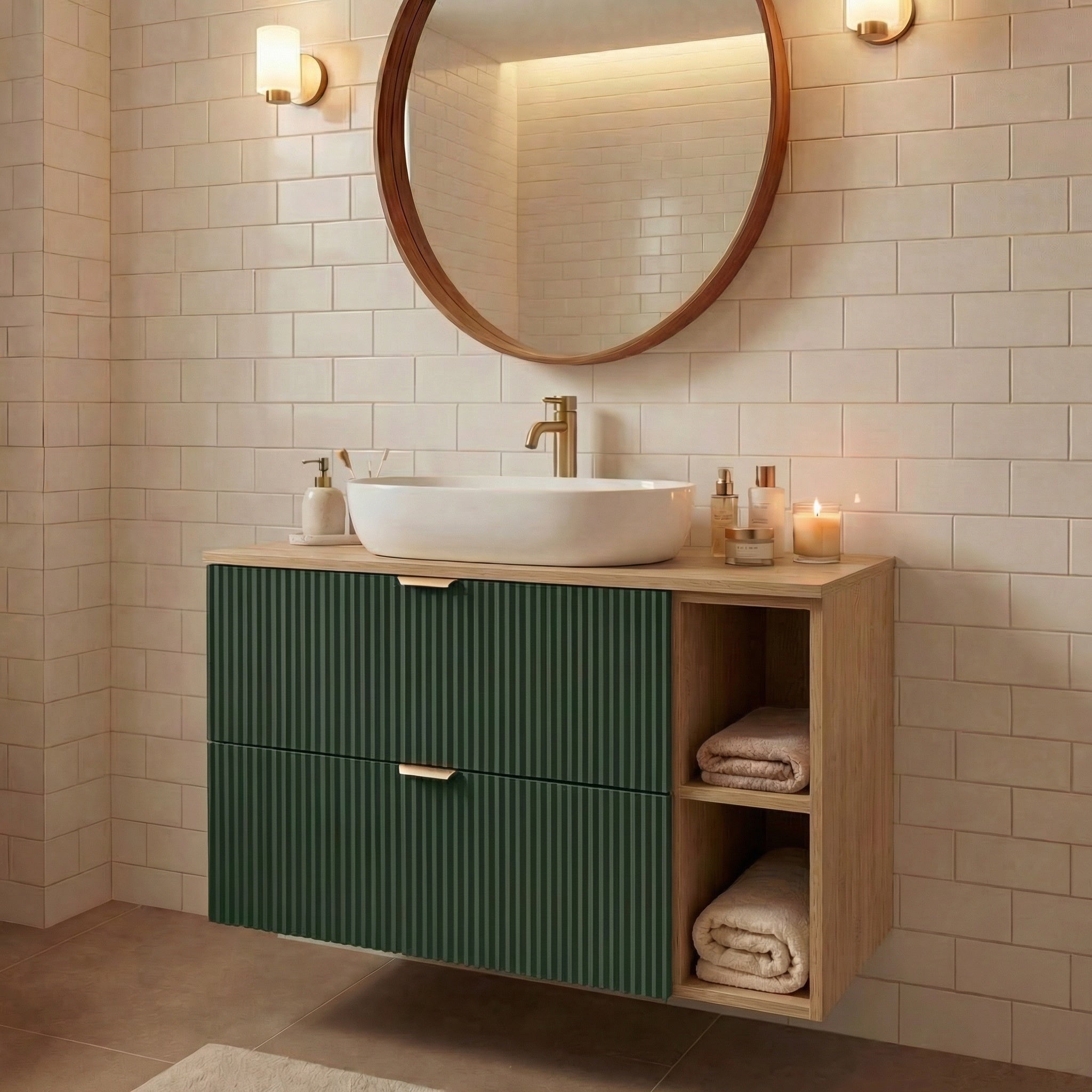 Waschtischunterschrank mit Regal 100 cm Willy - Salbei, Walnuss Regal, Walnussplatte