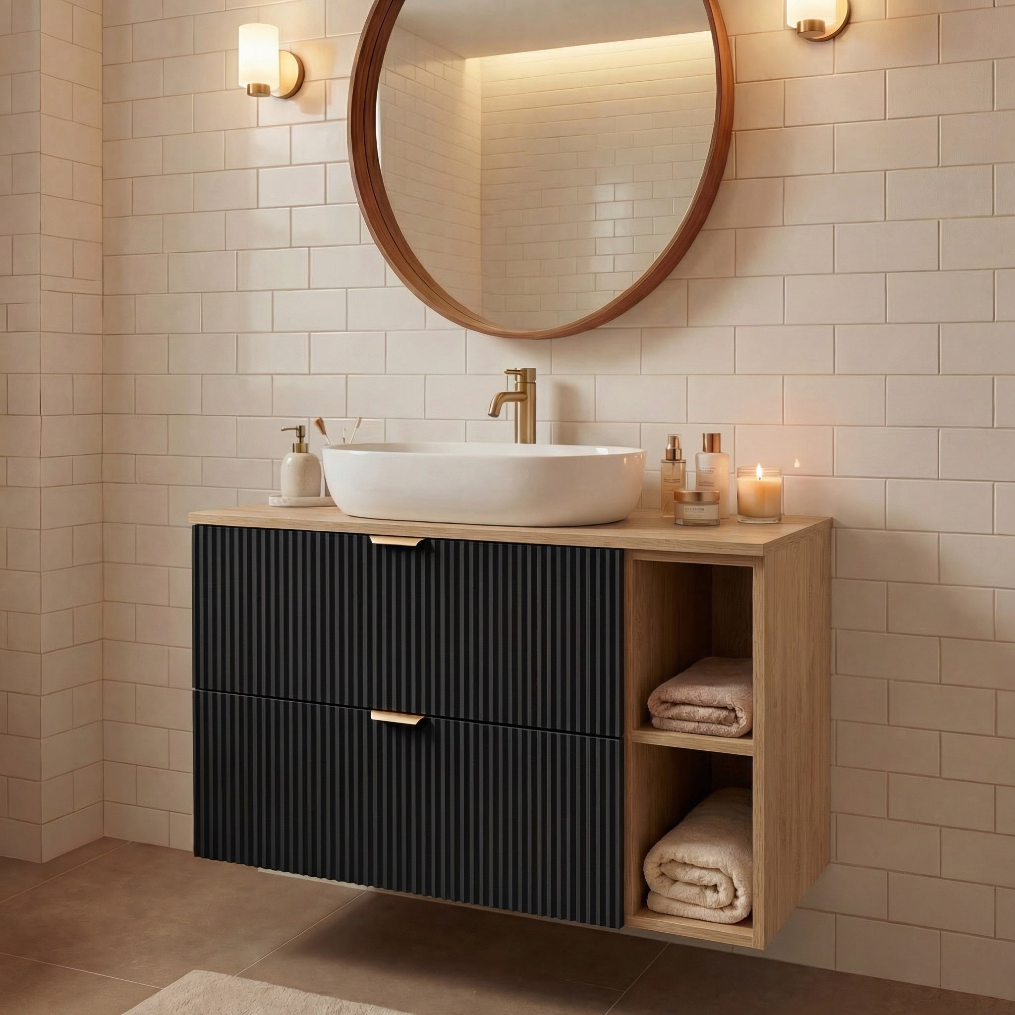 Waschtischunterschrank mit Regal 100 cm Willy - Schwarz, Regal und Walnussplatte