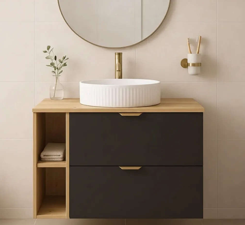 Badmöbel-Set: 80 cm Waschtischunterschrank mit Waschbecken Orio - Schwarz/Eiche artisan