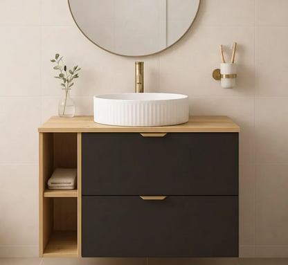 Badmöbel-Set: 80 cm Waschtischunterschrank mit Waschbecken Orio - Schwarz/Eiche artisan