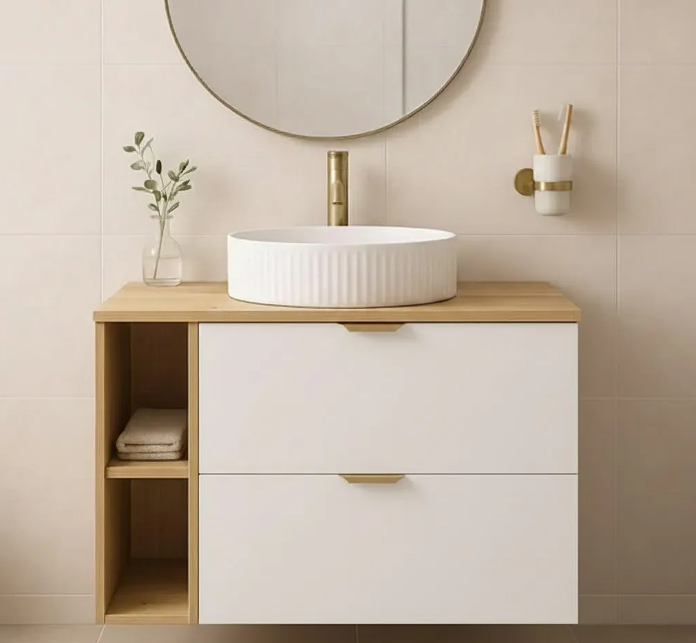 Badmöbel-Set: 80 cm Waschtischunterschrank mit Waschbecken  Orio - Weiß/Eiche Artisan