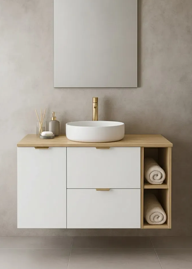 Waschtischunterschrank 120 cm mit Wäschekorb und Regal Orio - Weiß/Eiche artisan
