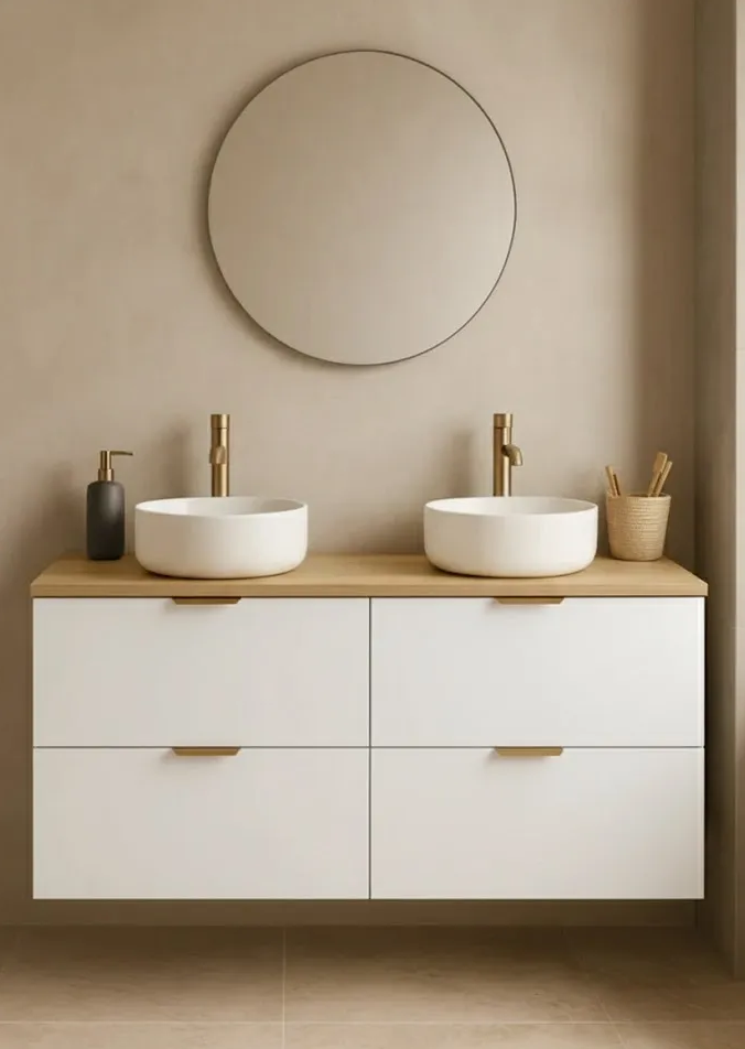 Badmöbel-Set: 120 cm Waschtischunterschrank mit 4 Schubladen und 2 Waschbecken Orio - Weiß/Eiche Artisan