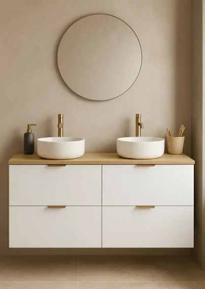 Badmöbel-Set: 120 cm Waschtischunterschrank mit 4 Schubladen und 2 Waschbecken Orio - Weiß/Eiche Artisan