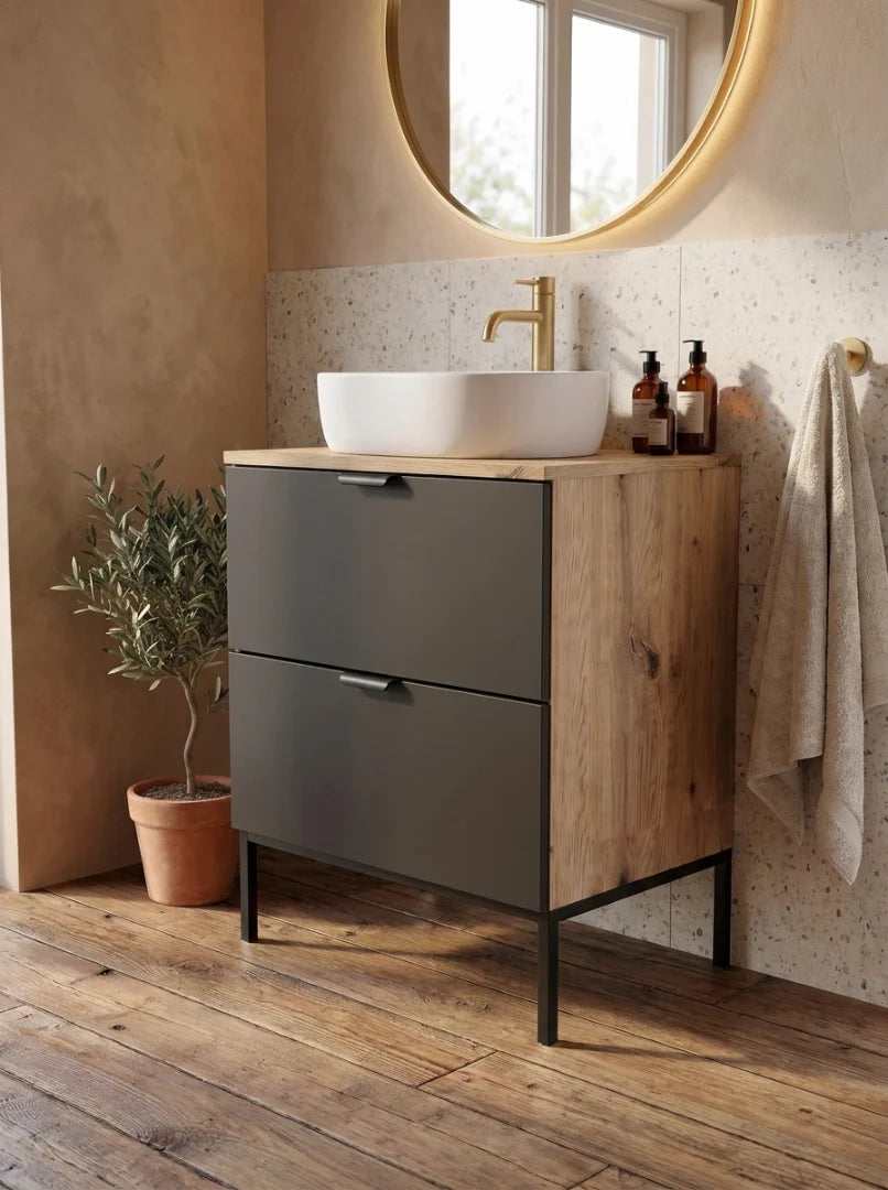 Waschtischunterschrank 60 cm auf einem Metallgestell Orio - Schwarz/Eiche artisan