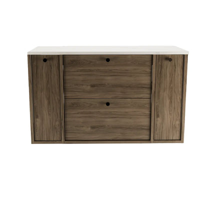 Waschtischunterschrank 100 cm mit 2 Regal, glatte Fronten Belino - Walnuss Dunkel/Marmor Bianco