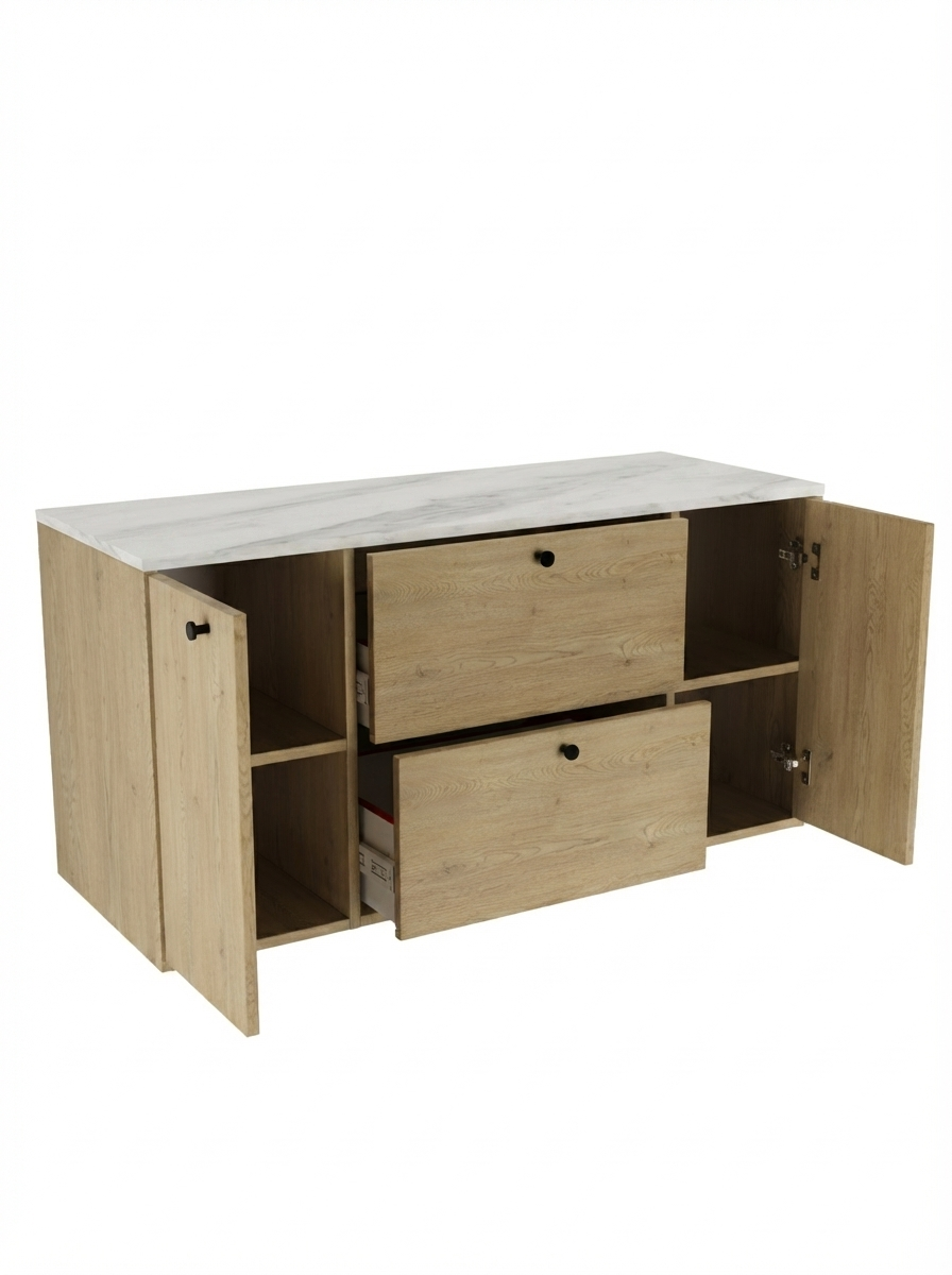 Waschtischunterschrank 120 cm mit 2 Türen und 2 Schubladen Belino - Eiche Cremona/Marmor Bianco