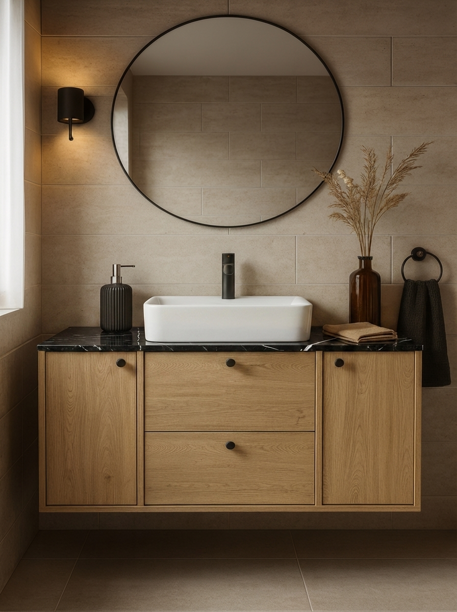 Waschtischunterschrank 120 cm mit 2 Türen und 2 Schubladen Belino - Eiche Cremona/Marmor Schwarz