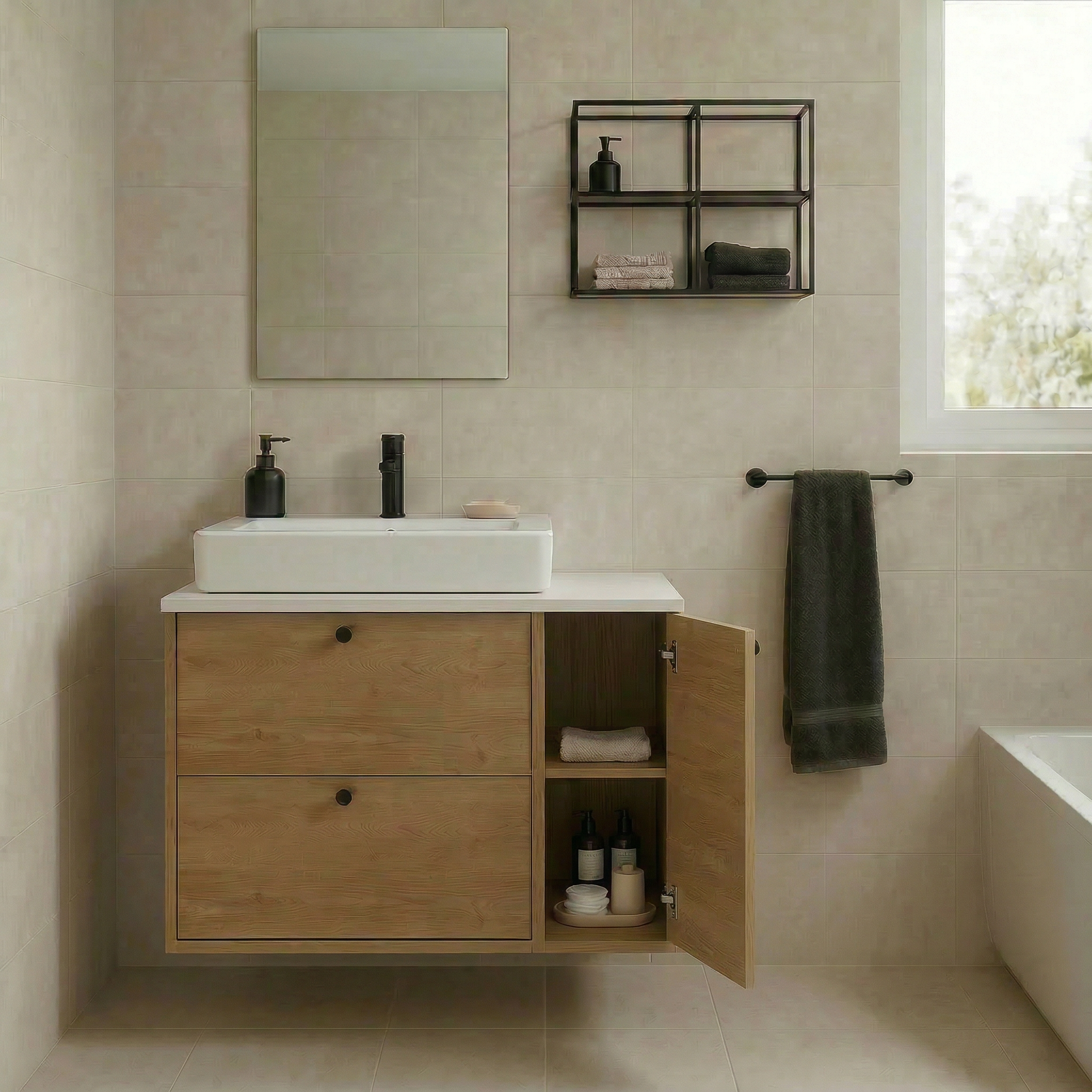 Waschtischunterschrank 80 cm mit Regal, glatte Fronten Belino - Eiche Cremona/Marmor Bianco