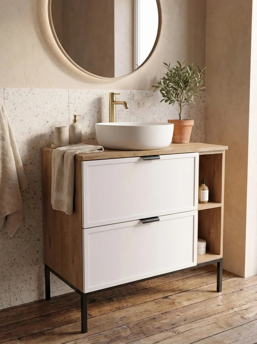 Waschtischunterschrank mit Regal 80 cm auf einem Metallgestell Roma - Weiß/Eiche Cremona