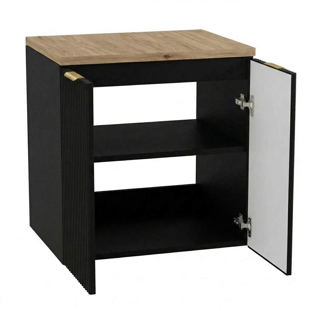Waschtischunterschrank 60 cm mit Türen Willy - Schwarz, Walnussplatte