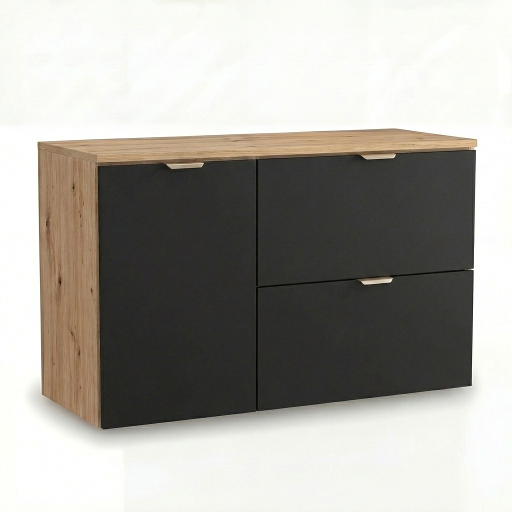 Waschtischunterschrank 100 cm mit Wäschekorb Orio - Schwarz/Eiche artisan