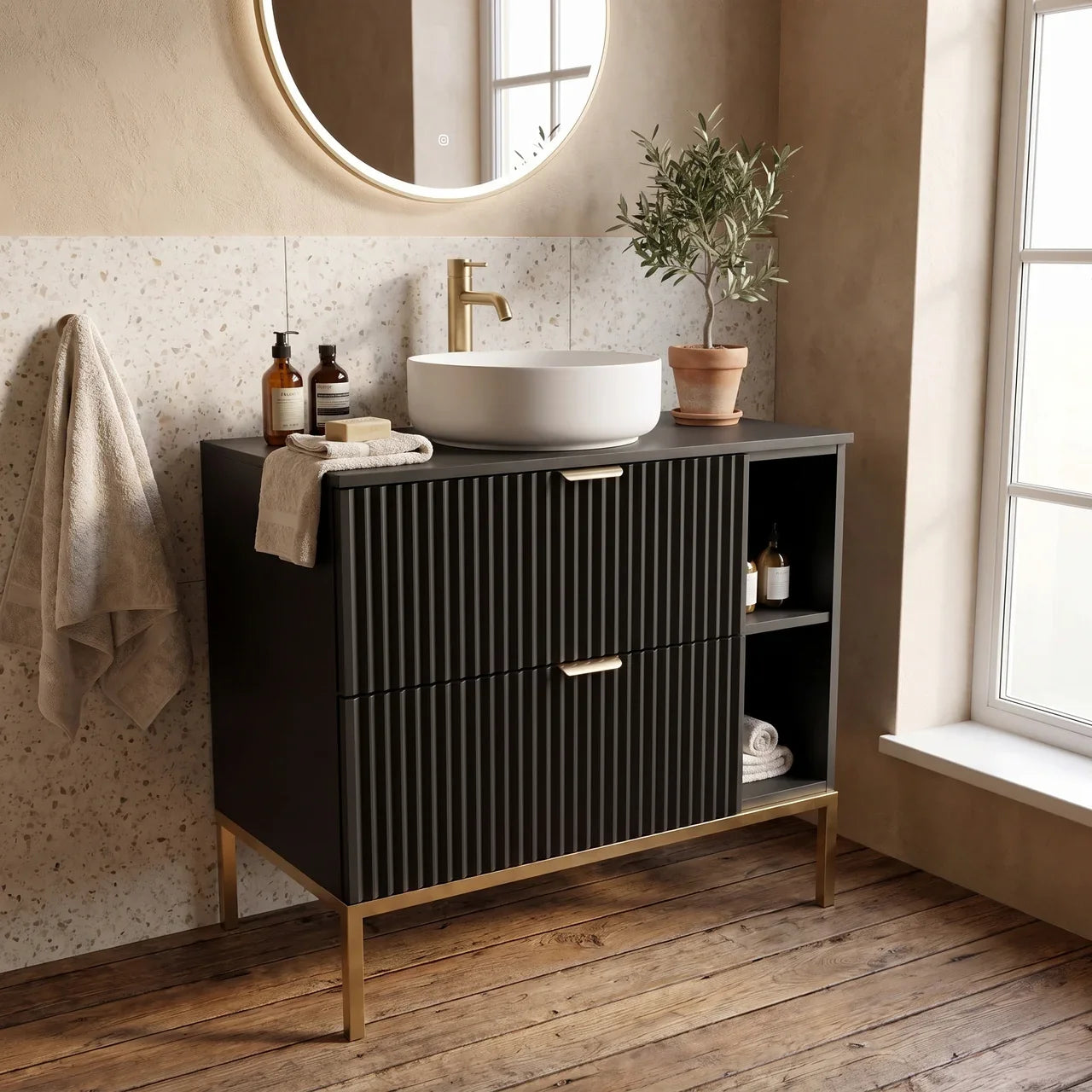 Waschtischunterschrank mit Regal 80 cm auf einem Metallgestell Willy - Schwarz