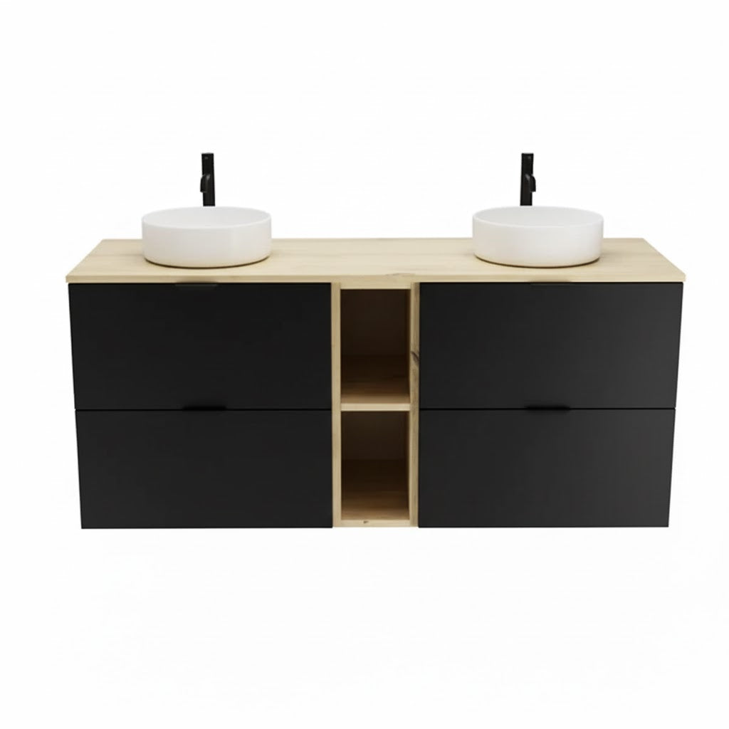 Badmöbel-Set: Waschtischunterschrank 140 cm mit Regal und 2 Waschbecken Orio - Schwarz/Eiche artisan