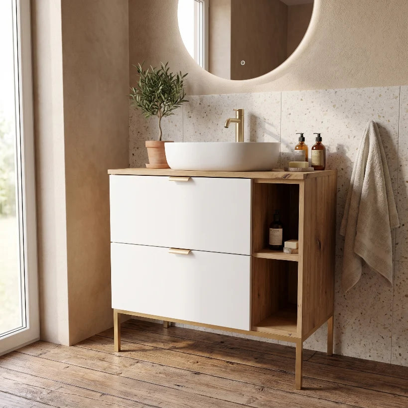 Waschtischunterschrank mit Regal 80 cm auf einem Metallgestell Orio - Weiß/Eiche artisan