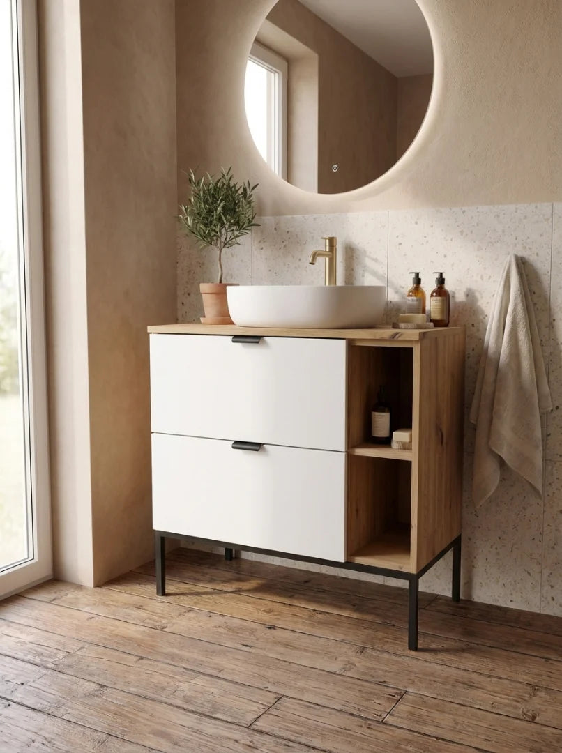 Waschtischunterschrank mit Regal 80 cm auf einem Metallgestell Orio - Weiß/Eiche artisan