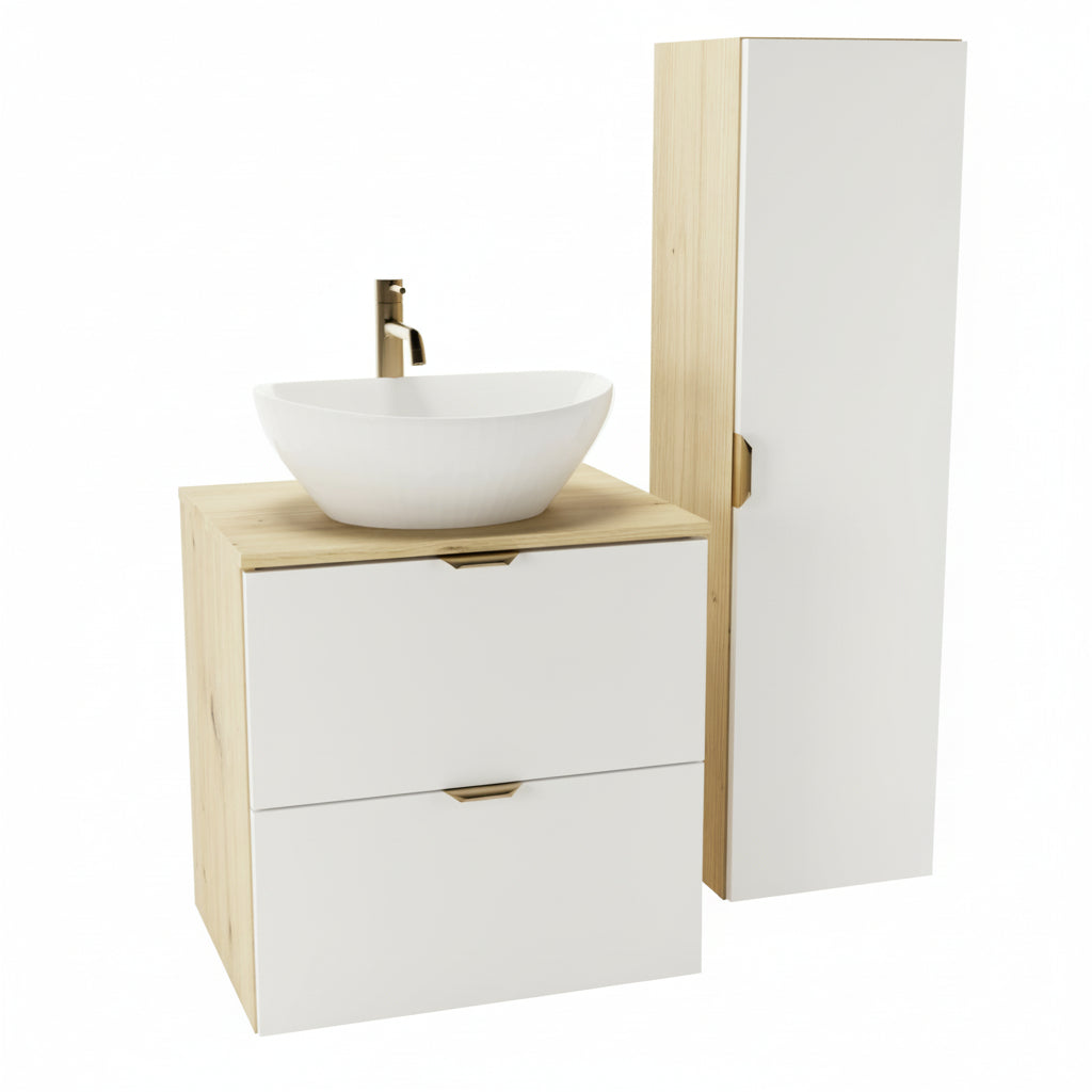 Bad Hochschrank 120 cm Orio - Weiß/Eiche Artisan