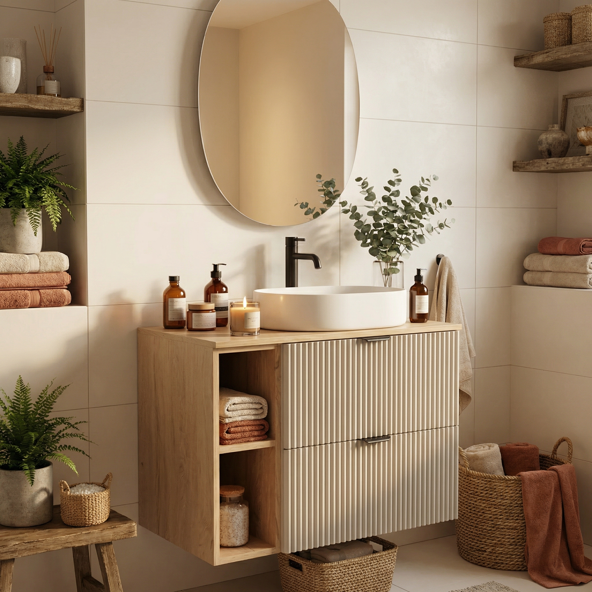 Badmöbel-Set: 80 cm Schrank mit Regal Willy - Kaschmir/Walnuss