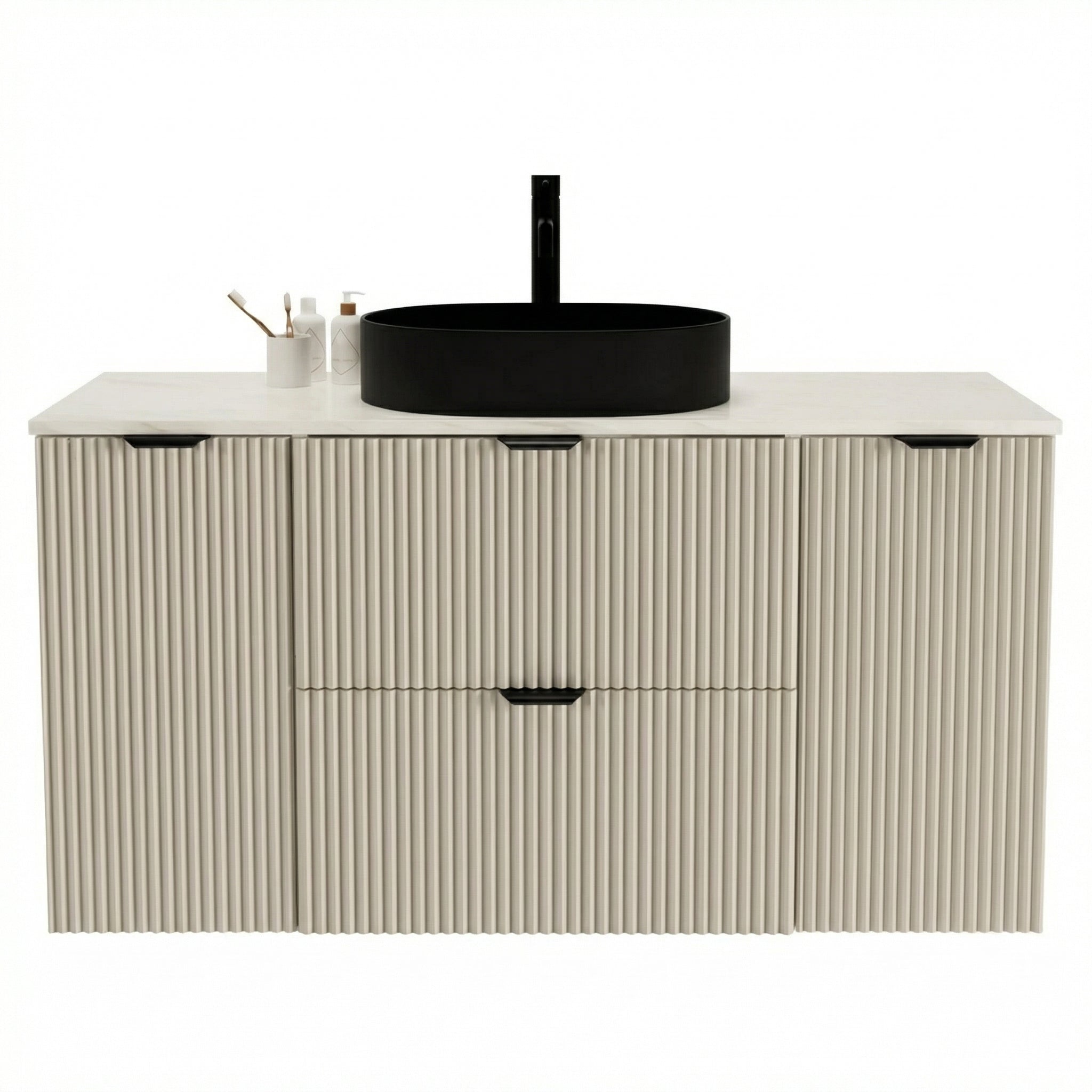 Badmöbel-Set: 120 cm Schrank mit 2 Schubladen, 2 Türen Willy - Kaschmir, Marmor Bianco-Platte