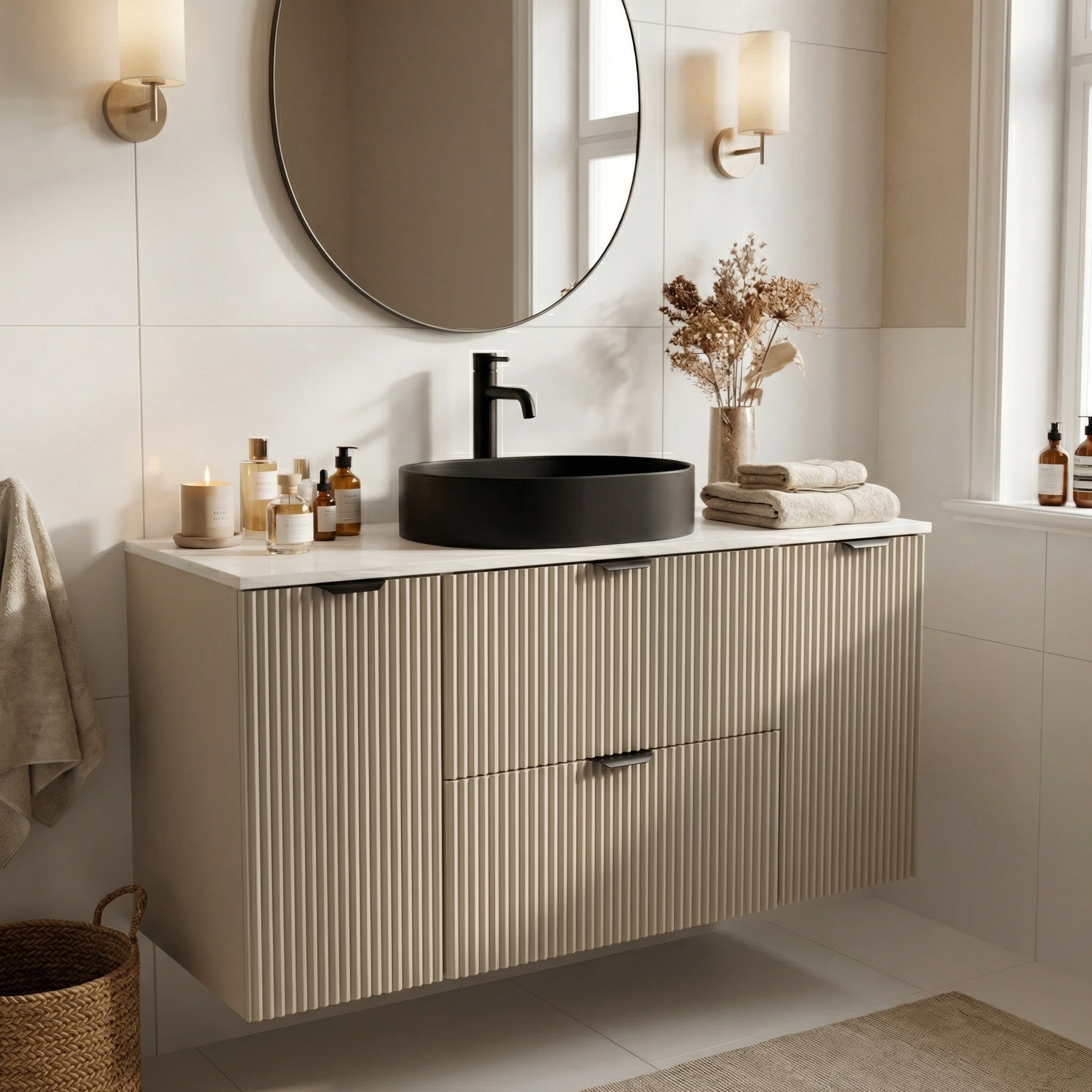 Badmöbel-Set: 120 cm Schrank mit 2 Schubladen, 2 Türen Willy - Kaschmir, Marmor Bianco-Platte