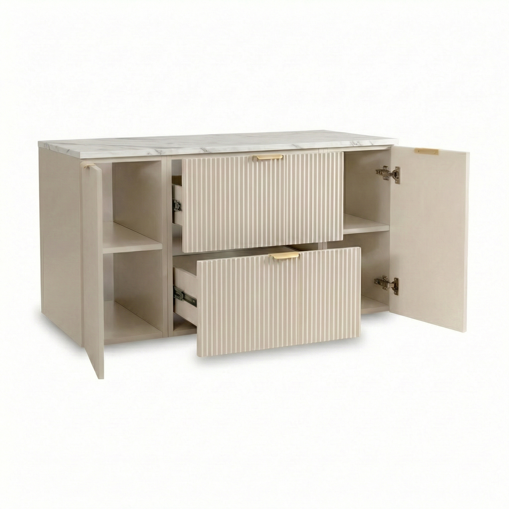 Badmöbel-Set: 120 cm Schrank mit 2 Schubladen, 2 Türen Willy - Kaschmir, Marmor Bianco-Platte