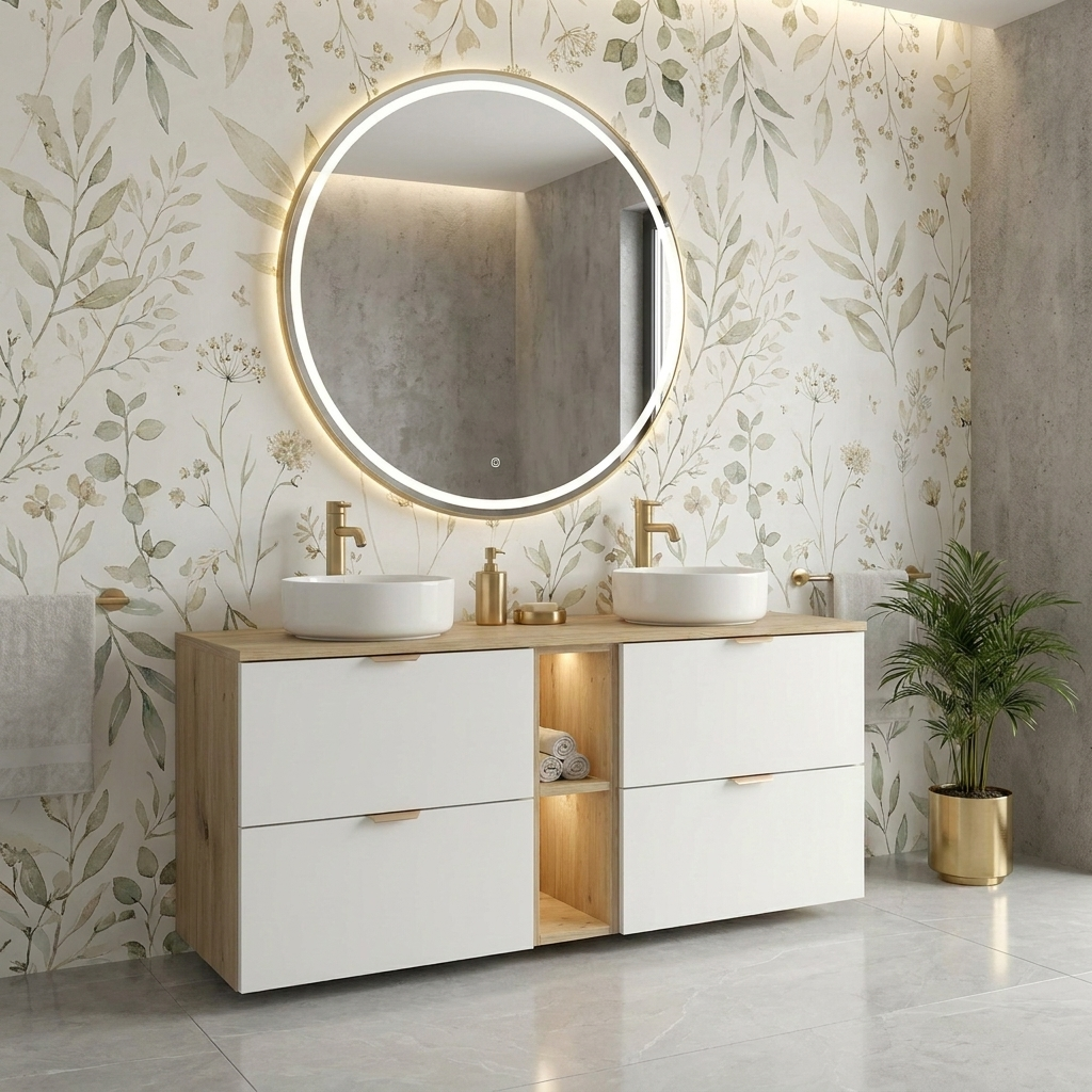 Waschtischunterschrank 140 cm mit Regal Orio - Weiß/Eiche Artisan