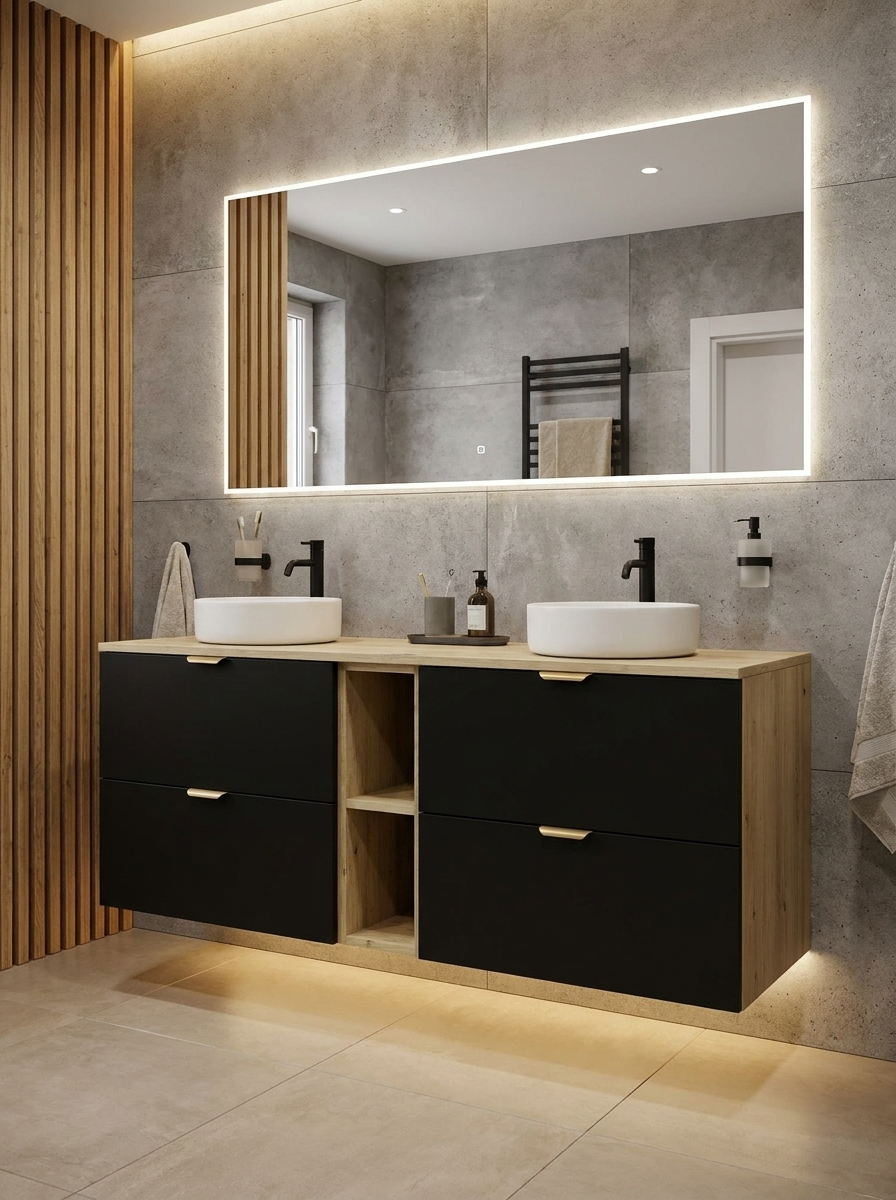 Waschtischunterschrank 140 cm mit Regal Orio - Schwarz/Eiche Artisan