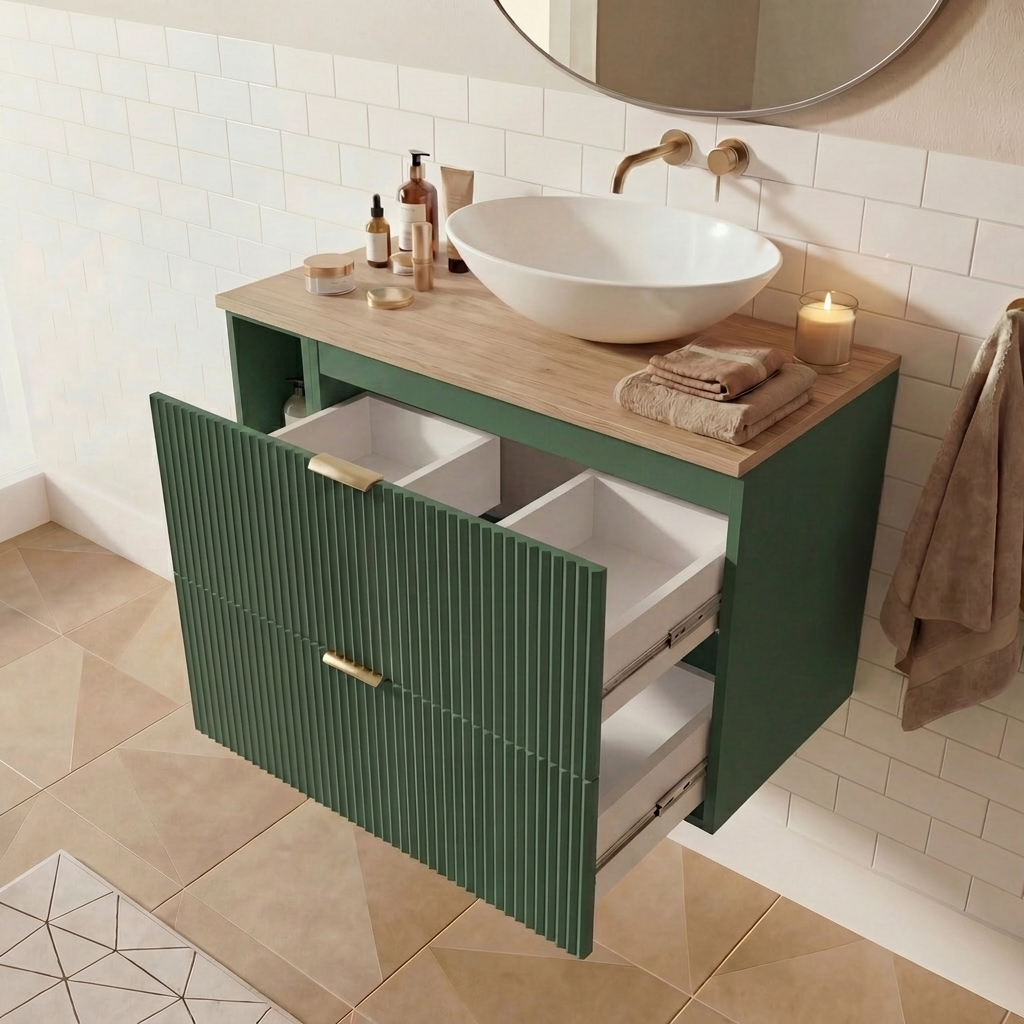 Waschtischunterschrank 80 cm mit Regal Willy - Salbei, Walnussplatte