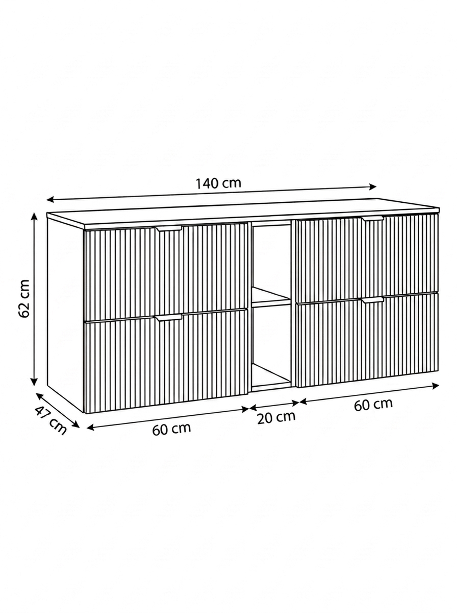 Waschtischunterschrank 140 cm mit Regal Willy - Weiß, Walnuss Regal, Walnussplatte