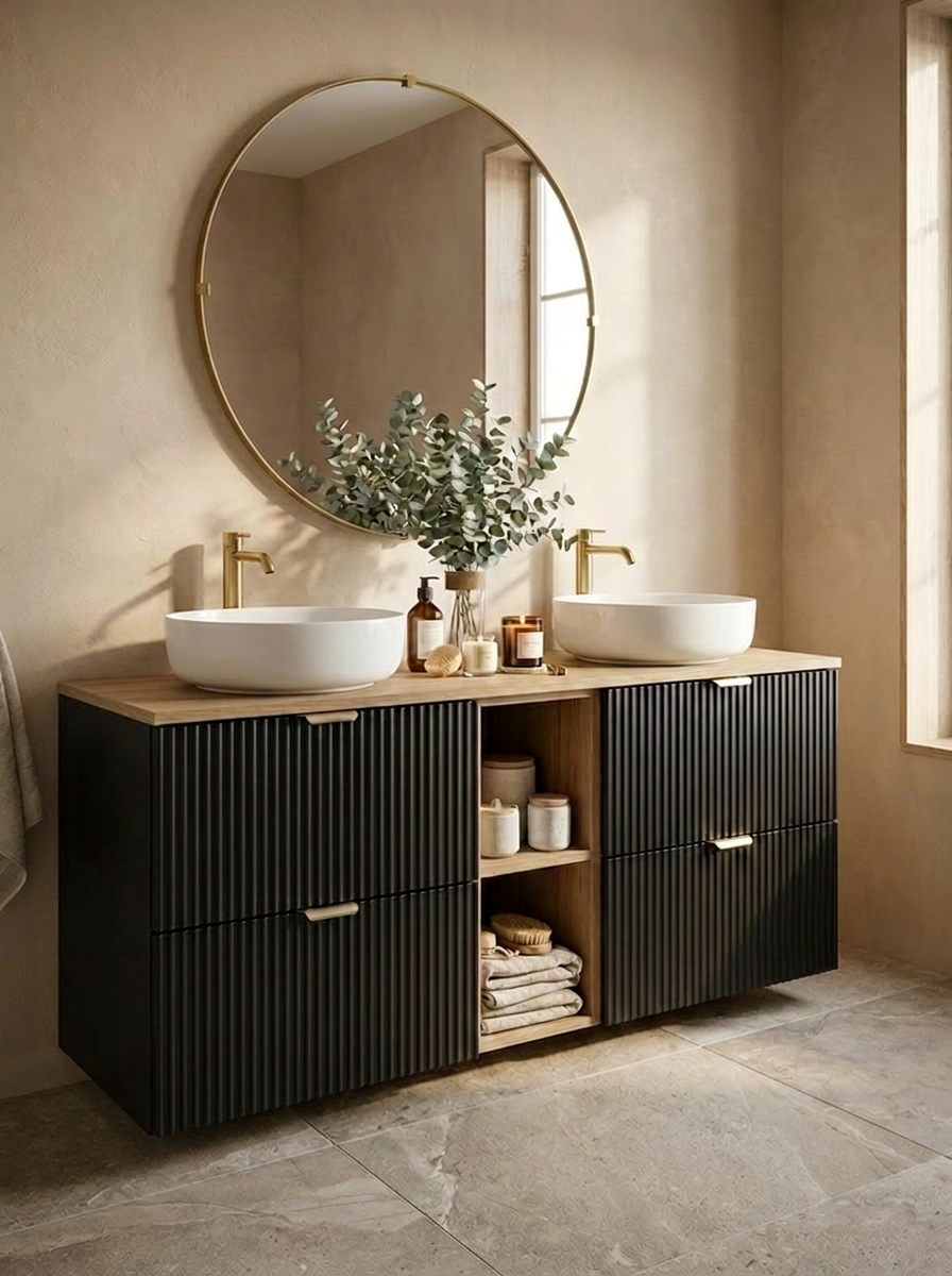 Waschtischunterschrank 140 cm mit Regal Willy - Schwarz, Walnussplatte und Regal