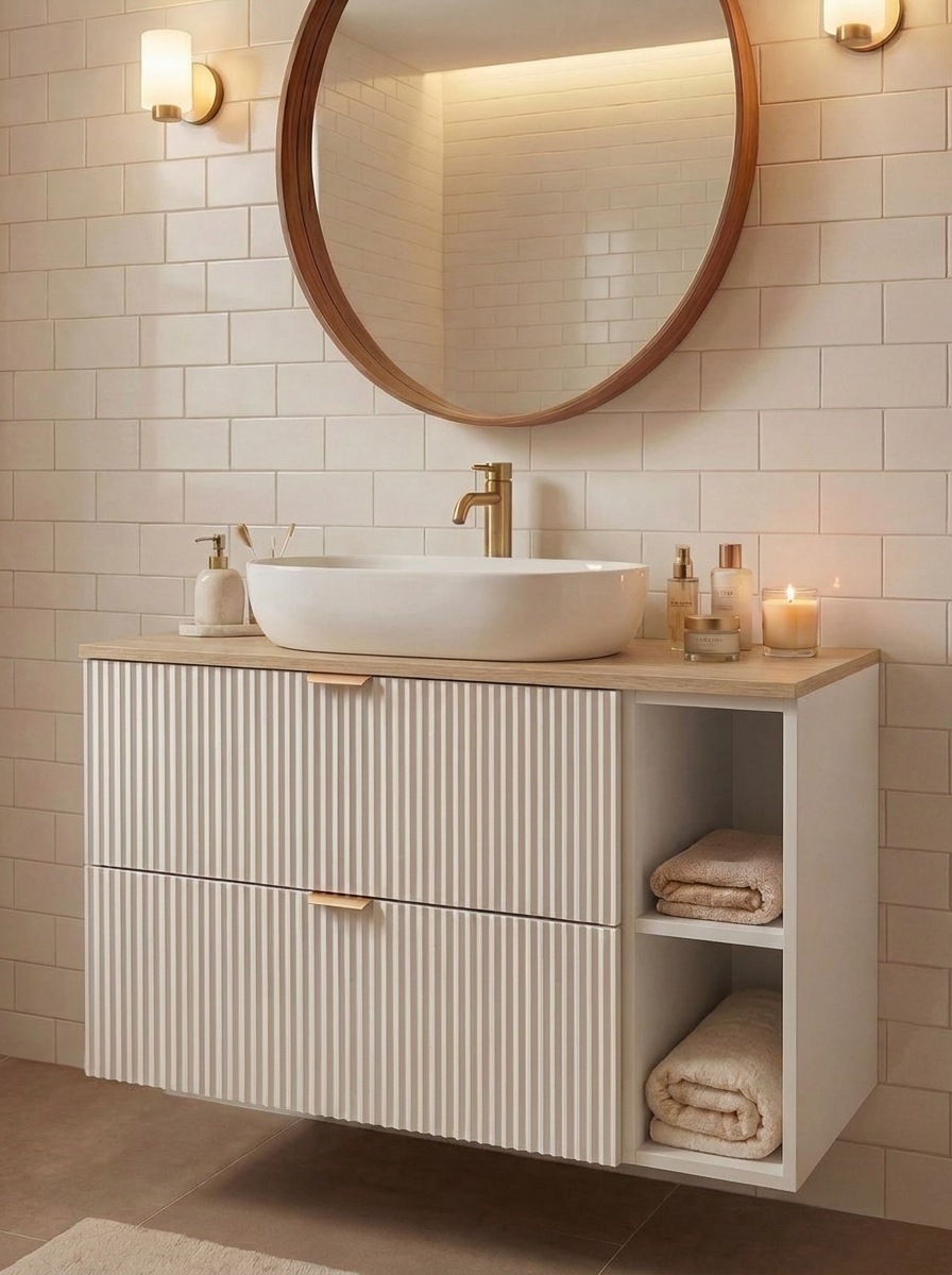 Waschtischunterschrank mit Regal 100 cm mit Regal Willy - Weiß, Walnussplatte